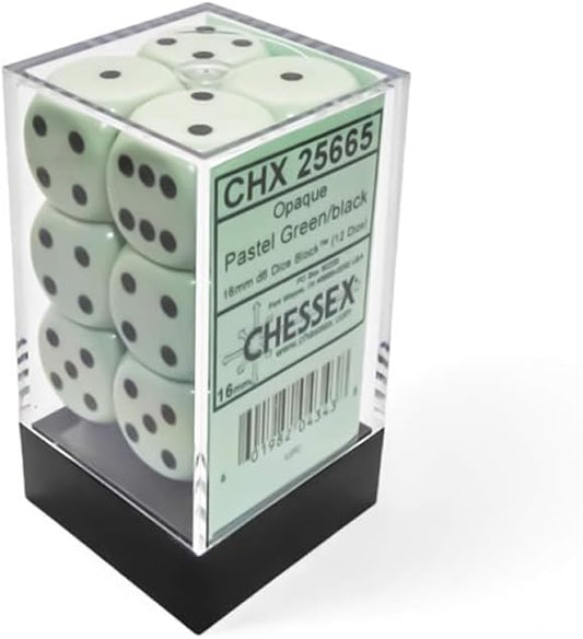 Chessex - Opaque Pastel Green/Black 16mm d6 (12 dice) 25665