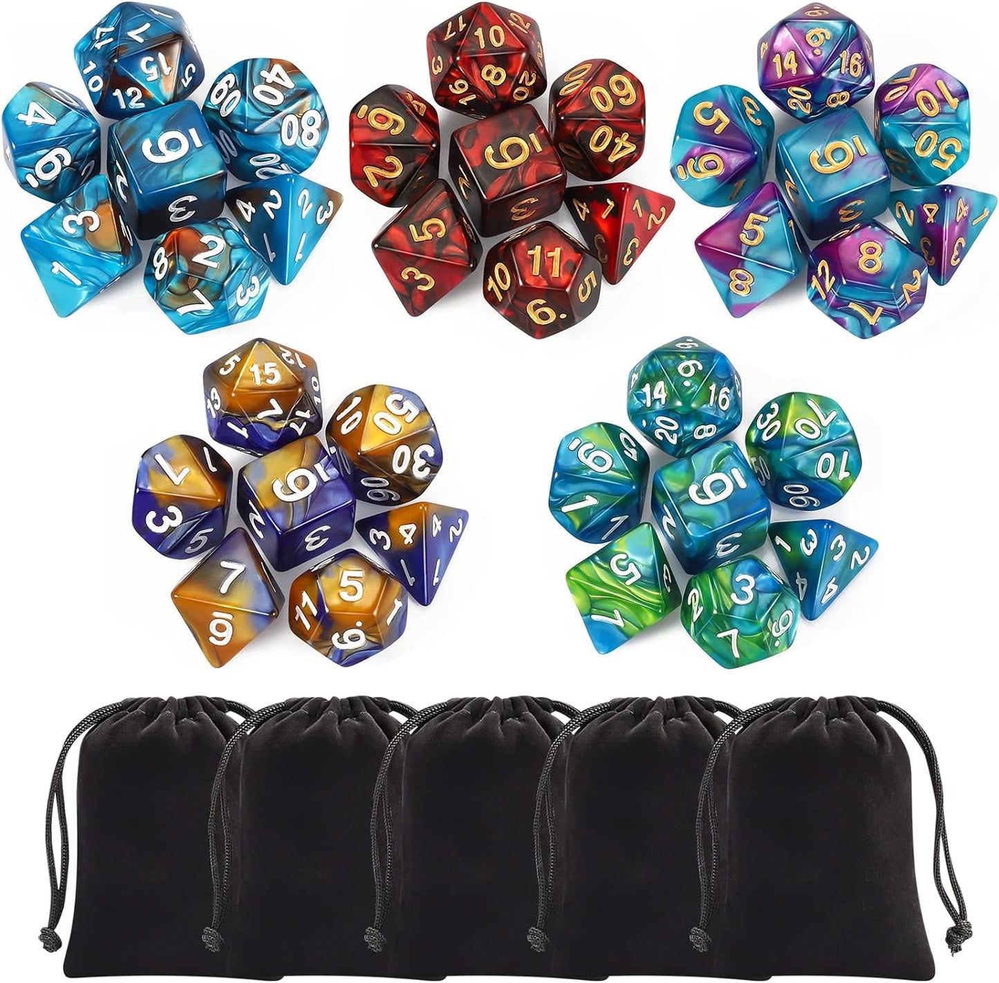Polyhedral Dice Set (35 pieces) with black pouches: 5 complete double color dice sets