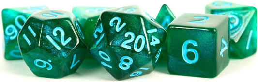 16mm Acrylic Stardust Poly Dice Set: Green with Blue Numbers