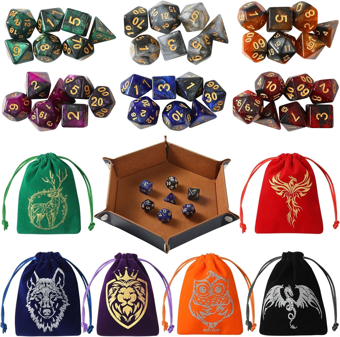 Grajar Dungeons & Dragons 42-piece polyhedral dice set (with 6 animal pattern bags and PU leather velvet tray)