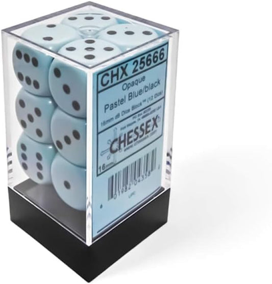 Chessex - Opaque Pastel Blue/Black 16mm d6 Dice - 12 dice