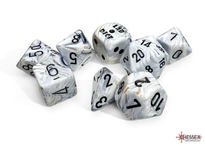 Lab Dice 8: Marble Calcite/Black, Polyhedral 7-Die Set (with bonus die)