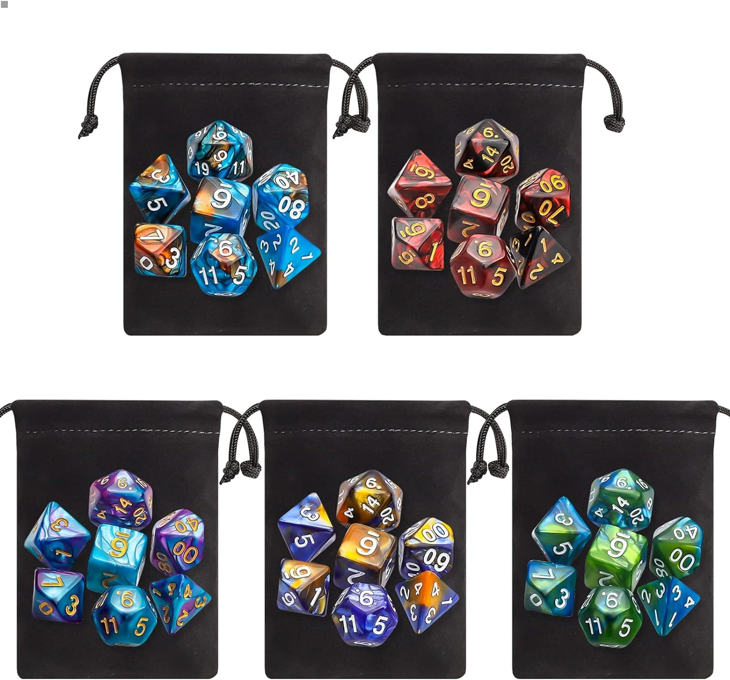 Polyhedral Dice Set (35 pieces) with black pouches: 5 complete double color dice sets