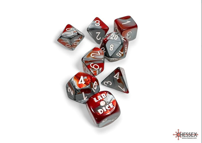 Lab Dice set: Gemini Red-Steel/white Polyhedral 7-Die Set (with bonus die)